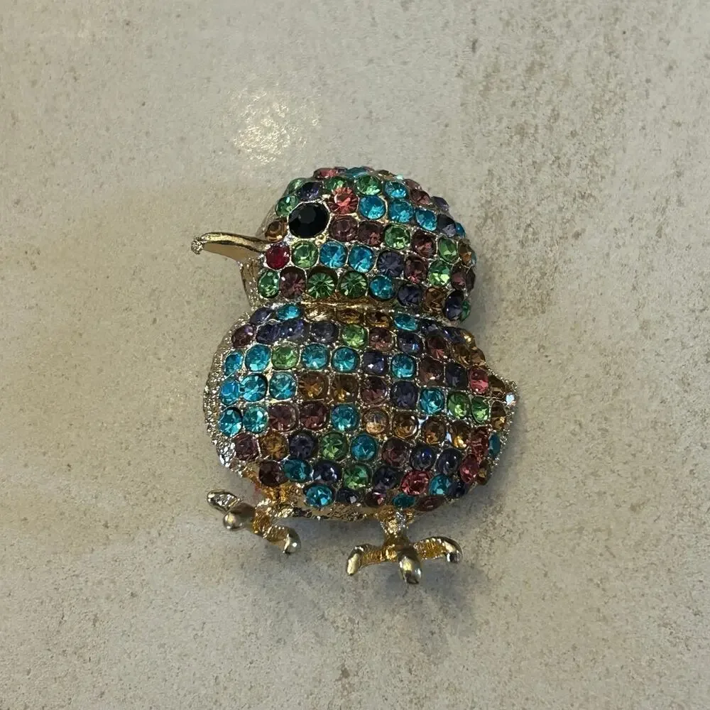 Vintage Rhinestone Chick Brooch – Colorful Pave Crystal Bird Pin – Whimsical